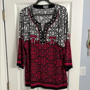 JM Collection Women Geometric Patterned Women's Top - Black, White, and Pink